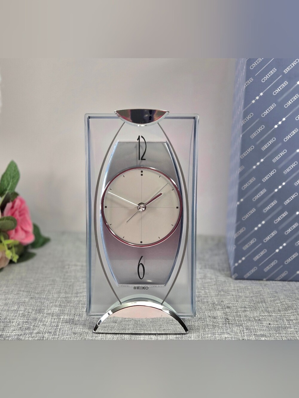 Seiko QXG103SR Desk Clock Silver Mantel Glass Architectural Modern BZ334S Boxed